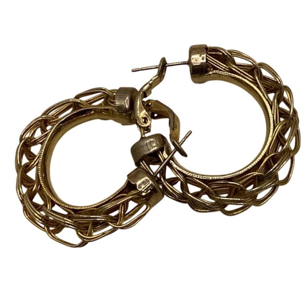 Vintage Gold Tone Woven Chain Link Hoop Earrings Chunky Textured Latch Back